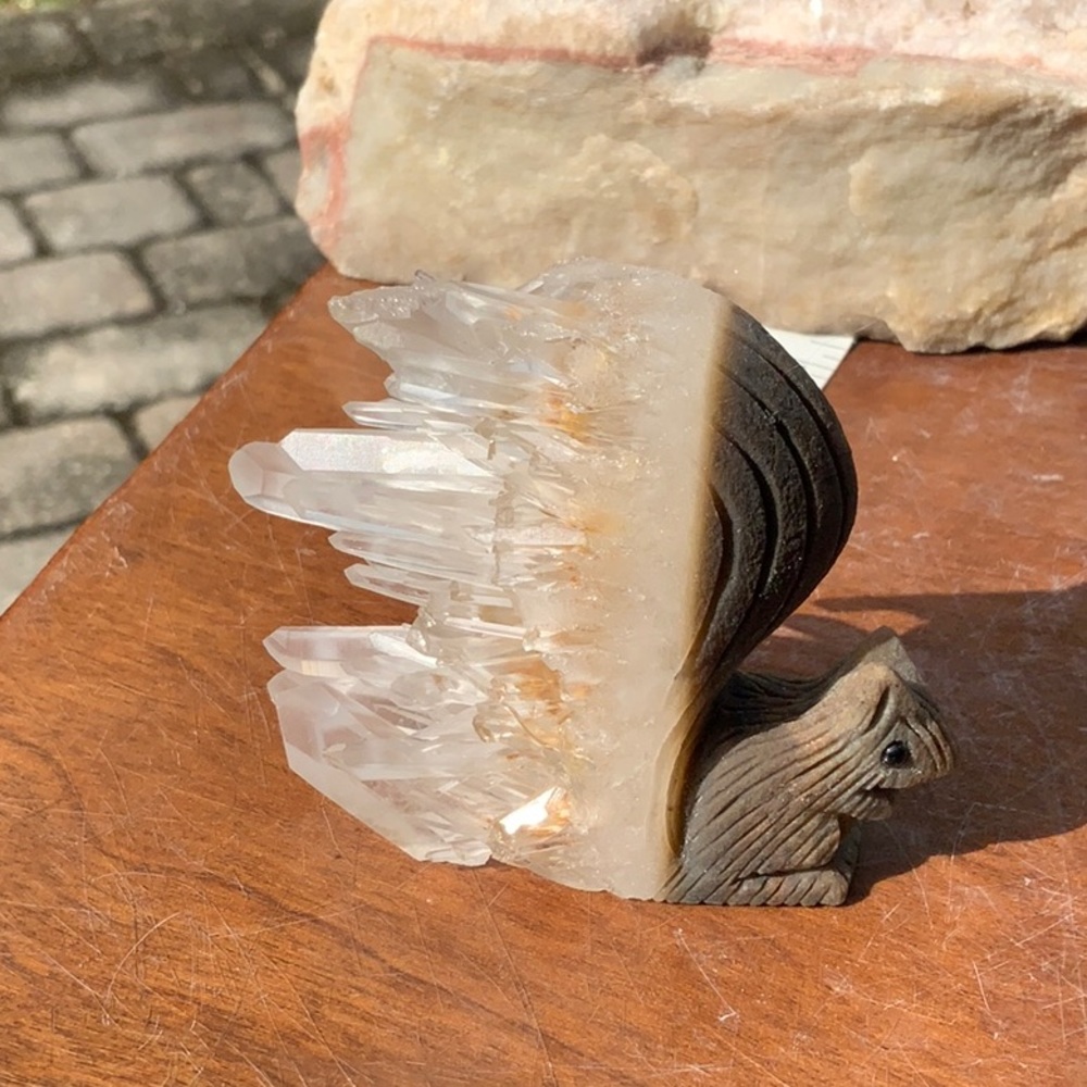 HAND CARVED QUARTZ CRYSTAL CLUSTER SQUIRREL